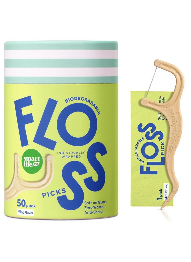 Individually Wrapped Dental Floss Picks - Biodegradable Plastic Free Flosser Handle & Packaging | Natural Toothpick Stick Soft On Gums & Teeth | Eco Friendly, Zero Waste Flossers | Mint, 50x