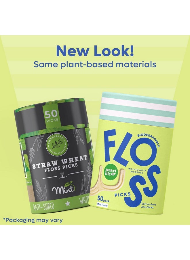Individually Wrapped Dental Floss Picks - Biodegradable Plastic Free Flosser Handle & Packaging | Natural Toothpick Stick Soft On Gums & Teeth | Eco Friendly, Zero Waste Flossers | Mint, 50x
