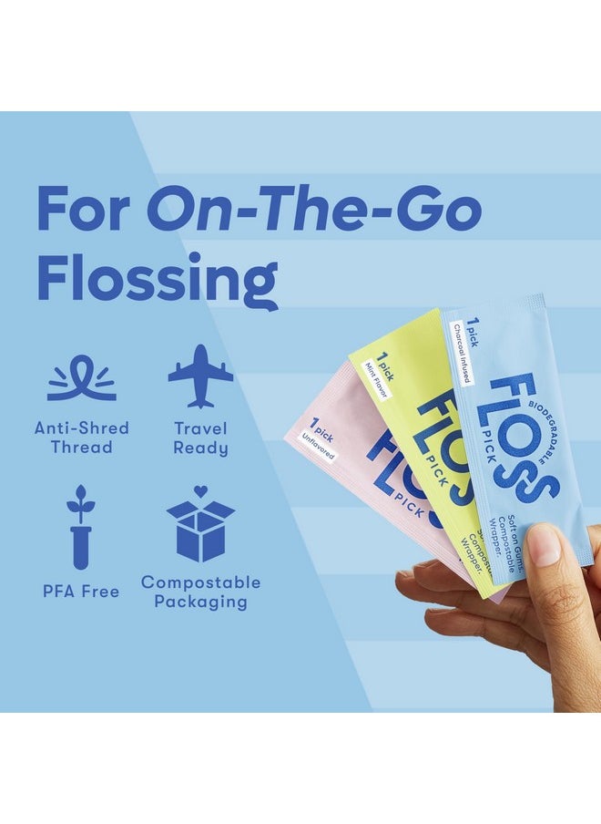 Individually Wrapped Dental Floss Picks - Biodegradable Plastic Free Flosser Handle & Packaging | Natural Toothpick Stick Soft On Gums & Teeth | Eco Friendly, Zero Waste Flossers | Mint, 50x