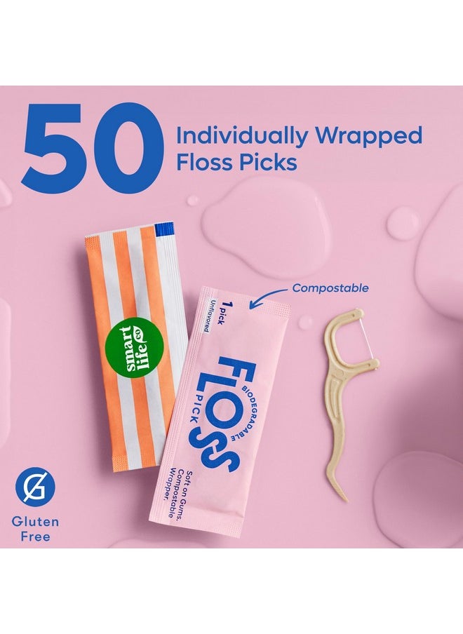 Individually Wrapped Dental Floss Picks - Biodegradable Plastic Free Flosser Handle & Packaging | Natural Toothpick Stick Soft On Gums & Teeth | Eco Friendly, Zero Waste Flossers | Mint, 50x