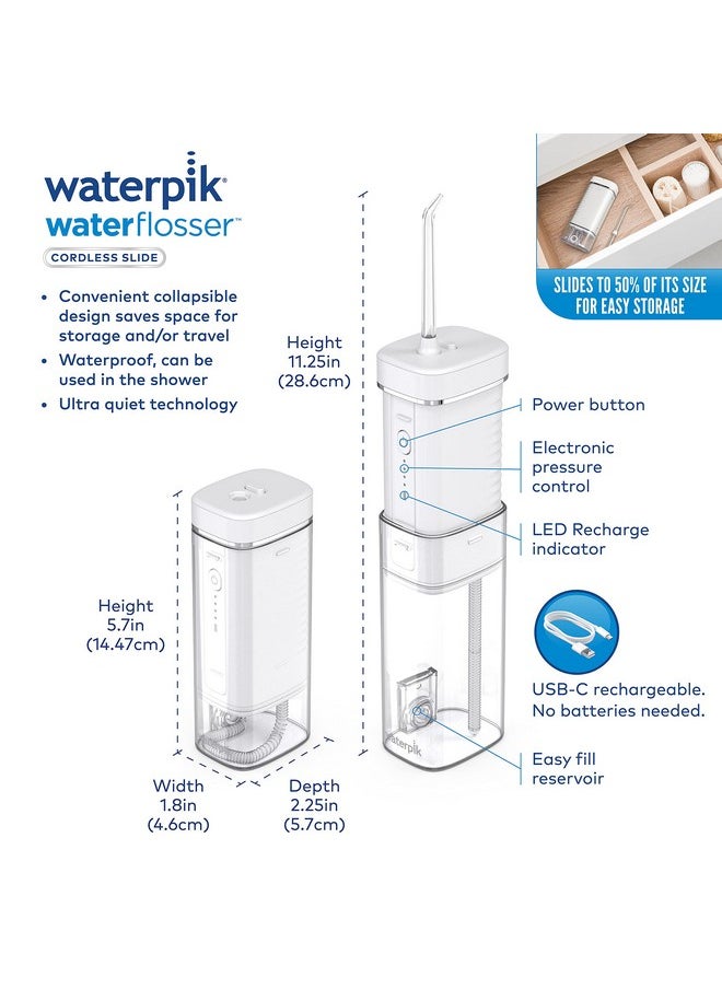 Waterpik Cordless Slide Professional Water Flosser, Portable Collapsible for Travel and Storage, with Travel Bag and 4 Tips, ADA Accepted, Rechargeable and Waterproof, White WF-17CD010-1