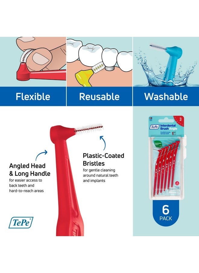 TEPE Interdental Brush Angle, Angled Dental Brush for Teeth Cleaning, Pack of 6, 0.5 mm, Extra-Small/Small Gaps, Red, Size 2