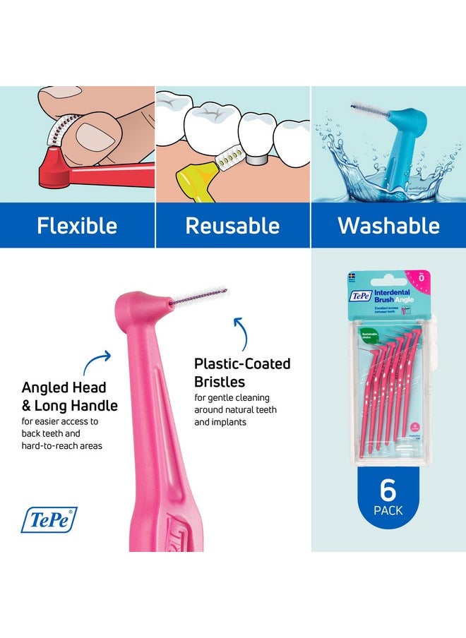 TePe Interdental Brush Angle, Angled Dental Brush for Teeth Cleaning, Pack of 6, 0.44 mm, Extra-Small/Small Gaps, Pink, Size 0