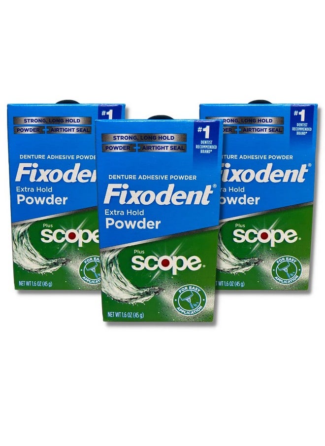 Fixodent Extra Hold Powder Plus Scope Denture Adhesive Strong 1.6oz Pack of 3 (3 Items), 818-0556