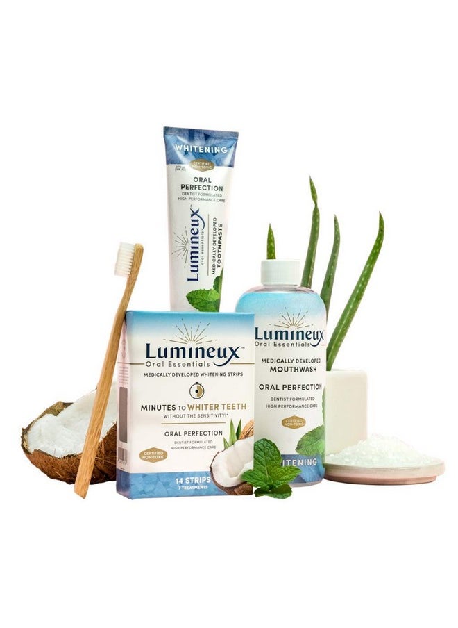 Lumineux Teeth Whitening Kit Peroxide Free Enamel Safe for Whiter Teeth Includes 7 Whitening Treatments, 1 Mouthwash, 1 Toothpaste & 1 Bamboo Toothbrush, Dentist Formulated