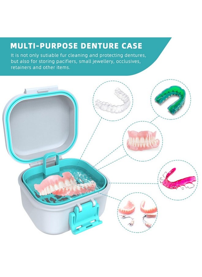 ARGOMAX Leak Proof Denture Bath Cup, Portable Soaking Denture Box, Denture Bath Case with Strainer, for Dentures and Braces (White + Cyan).