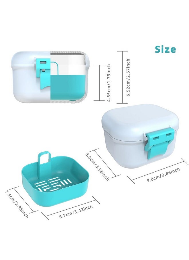 ARGOMAX Leak Proof Denture Bath Cup, Portable Soaking Denture Box, Denture Bath Case with Strainer, for Dentures and Braces (White + Cyan).