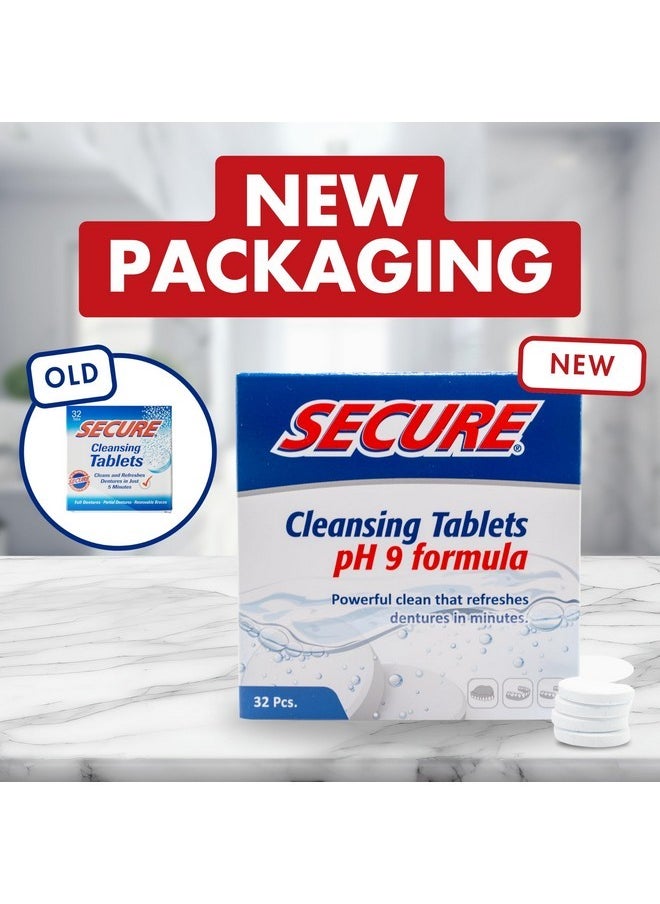 Secure Daily Cleansing Tablets - pH 9 Formula Thoroughly Cleans Dentures - FSA & HSA Approved - Removes Odors, Stains & Germs - For Dentures, Nightguards, Retainers & Partials - 32 Tablets (1 Pack)