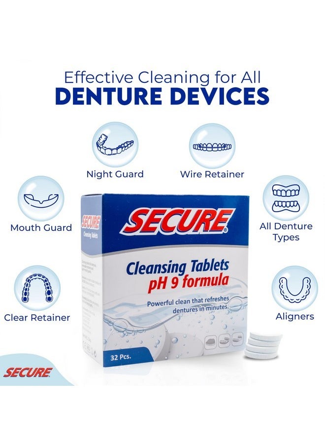 Secure Daily Cleansing Tablets - pH 9 Formula Thoroughly Cleans Dentures - FSA & HSA Approved - Removes Odors, Stains & Germs - For Dentures, Nightguards, Retainers & Partials - 32 Tablets (1 Pack)