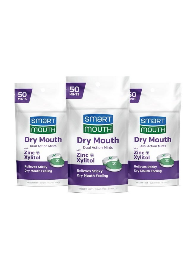 SmartMouth Dry Mouth Dual-Action Mints - Sugar-Free Breath Mints - 50 Count, 3 Pack, Mellow Mint