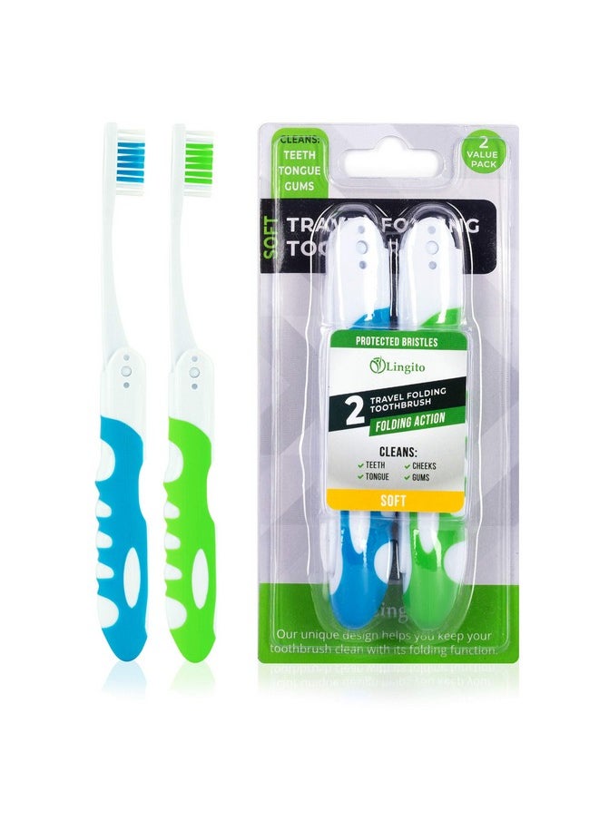 Travel Toothbrush, Portable Toothbrush Built in Cover, Travel Size Toothbrush For Hiking, Camping, and Traveling, Folding Toothbrushes, Collapsible Blue-Green Travel Toothbrush Kit (2 Pack-Soft)