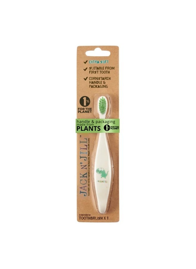 Jack N' Jill Kids Toothbrush - Extra Soft Bristle Toothbrush for Kids, Handle & Packaging Made from Plants (Corn), Ergonomic Handle for Little Hands - Dino Baby (1 Pack)