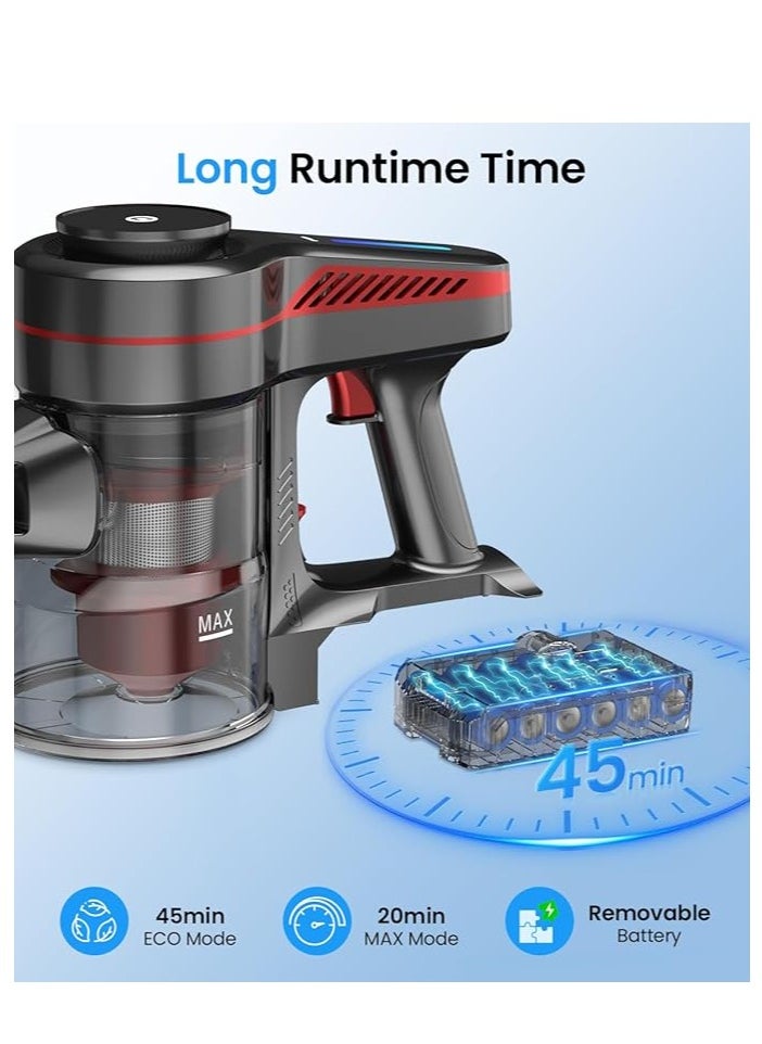 Cordless Vacuum Cleaner, Stick Vacuum with Powerful Suction, 45Mins Runtime Vacuum Cleaners for Home, Anti-tangle and 1.5L Dust Cup, 6 in 1 Lightweight Vacuum for Hardwood Floor Carpet Pet Hair