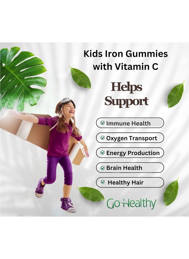 Go Healthy Iron Gummies for Kids, Toddlers, Teens with Vitamin C, Vegan Supplement - Children's Energy, Brain & Immune Support - Grape Flavor, Gluten Free, Kosher, Halal - 30 Servings
