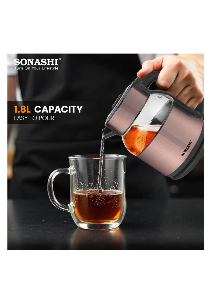 1.8L Cordless Kettle with Boil-Dry Protection, 360° Rotation with Concealed Heating Element, Auto Off When Water Boils with Light Indicator, Kettle for Tea, Water, Noodles, 1500W SKT-1812 1.8 L 1500 W SKT-1812 Brown