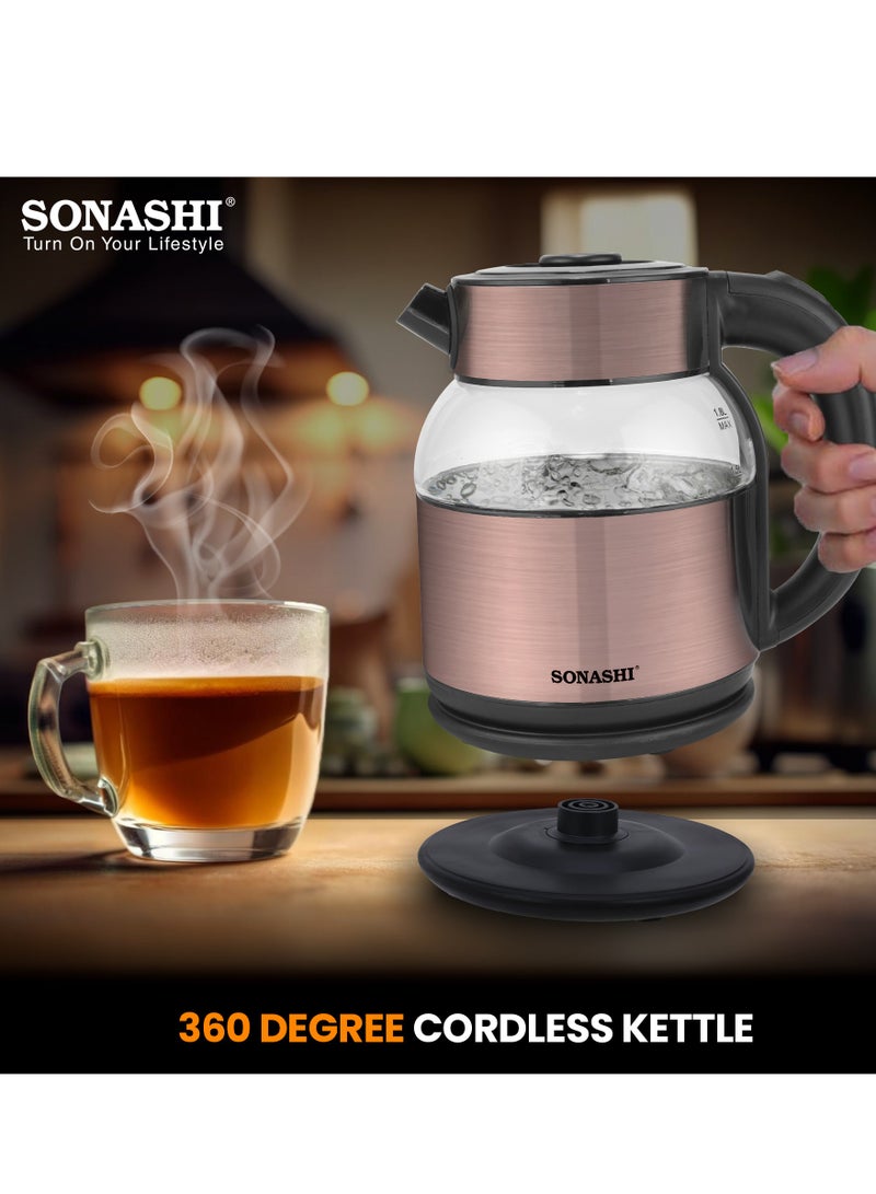 1.8L Cordless Kettle with Boil-Dry Protection, 360° Rotation with Concealed Heating Element, Auto Off When Water Boils with Light Indicator, Kettle for Tea, Water, Noodles, 1500W SKT-1812 1.8 L 1500 W SKT-1812 Brown