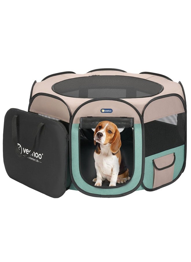 Veehoo Portable Dog Playpen - Medium Dog Playpen Indoor/Outdoor with Removable Zipper Top, Foldable Dog Play Pen Pet Playpen with Carrying Case, Green