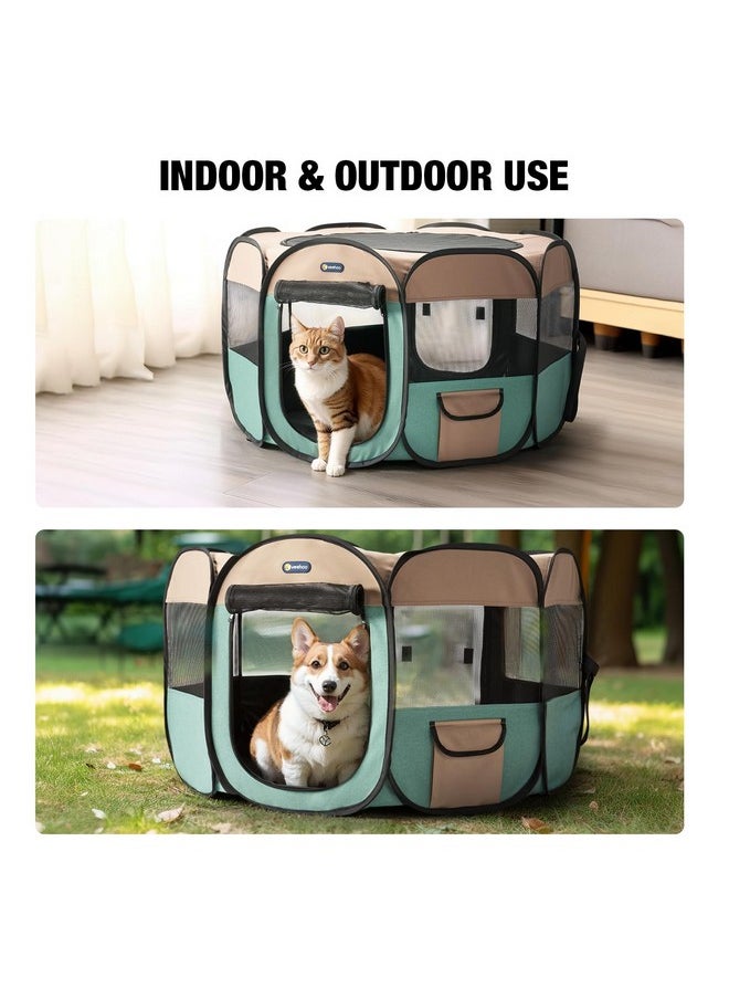 Veehoo Portable Dog Playpen - Medium Dog Playpen Indoor/Outdoor with Removable Zipper Top, Foldable Dog Play Pen Pet Playpen with Carrying Case, Green