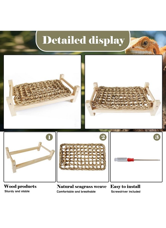 kathson Wooden Bearded Dragon Bed,Lizard Lounger Decor Rectangle Reptile Bed with Sea Grass Mat Terrarium Hanging Plants Climbing Accessories for Leopard Gecko Snake Lizards Chameleon