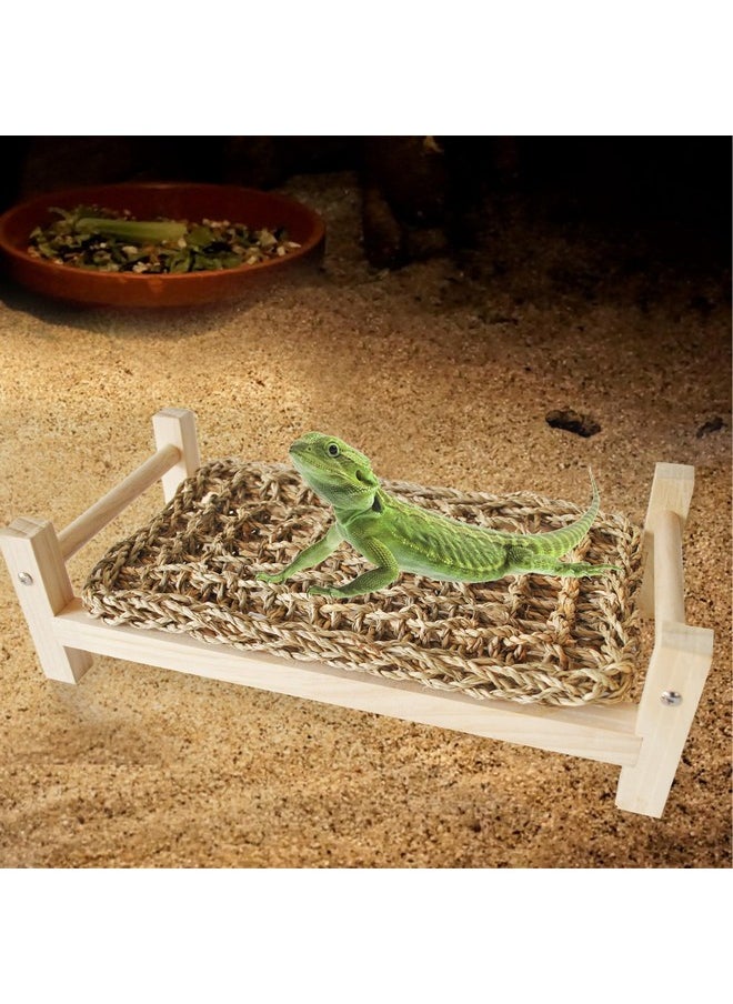 kathson Wooden Bearded Dragon Bed,Lizard Lounger Decor Rectangle Reptile Bed with Sea Grass Mat Terrarium Hanging Plants Climbing Accessories for Leopard Gecko Snake Lizards Chameleon