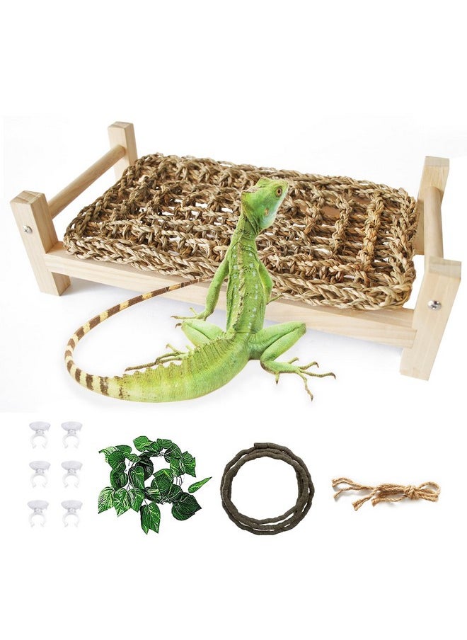 kathson Wooden Bearded Dragon Bed,Lizard Lounger Decor Rectangle Reptile Bed with Sea Grass Mat Terrarium Hanging Plants Climbing Accessories for Leopard Gecko Snake Lizards Chameleon