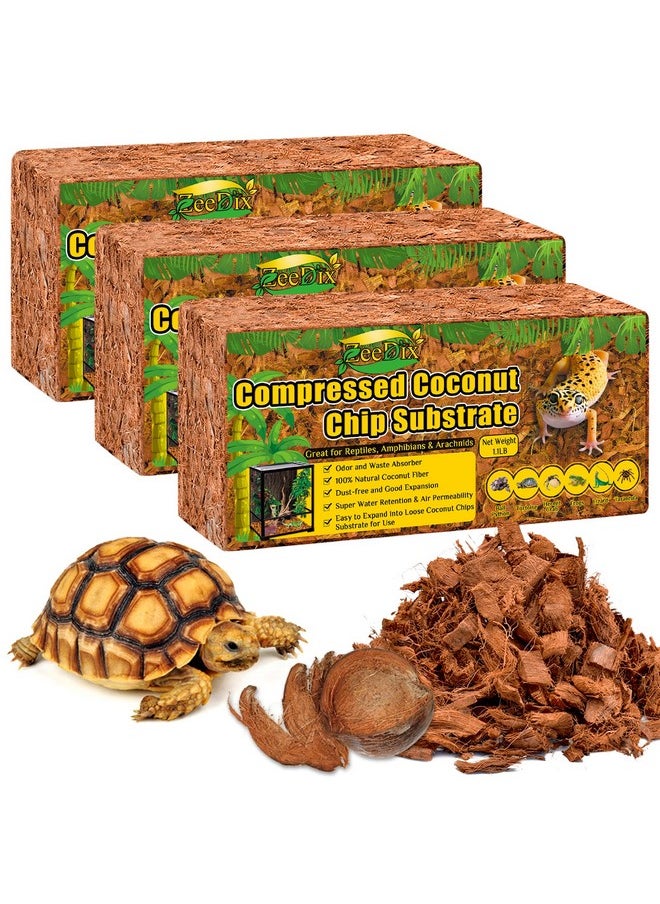 ZeeDix 3PCS Natural Coconut Chips Substrate for Reptiles, Coconut Fiber Husk Reptiles Bedding, Compressed Coco Chips Substrate for Ball Python, Snakes, Tortoise, Hermit Crab, Frogs, Lizard, Tarantula