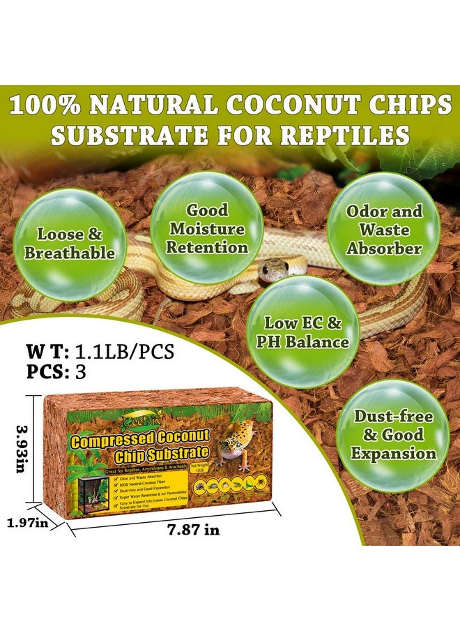 ZeeDix 3PCS Natural Coconut Chips Substrate for Reptiles, Coconut Fiber Husk Reptiles Bedding, Compressed Coco Chips Substrate for Ball Python, Snakes, Tortoise, Hermit Crab, Frogs, Lizard, Tarantula