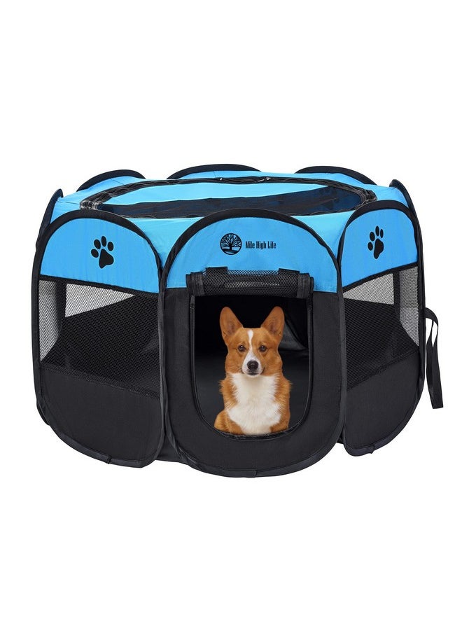 Mile High Life | Foldable Dog Playpen | Portable Dog Crate w Removable Shade Cover | Dog Kennel Indoor/Outdoor w Carry Case | Pen Tent for Dog/Cat/Rabbit(Blue+Black, Large (45