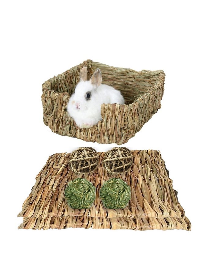 Hamiledyi Rabbit Grass Bed,Natural Handmade Hay Mat Chew Balls for Rabbit Gerbil Chinchilla Guinea Pig Ferret Other Small Animals(7 Pcs)