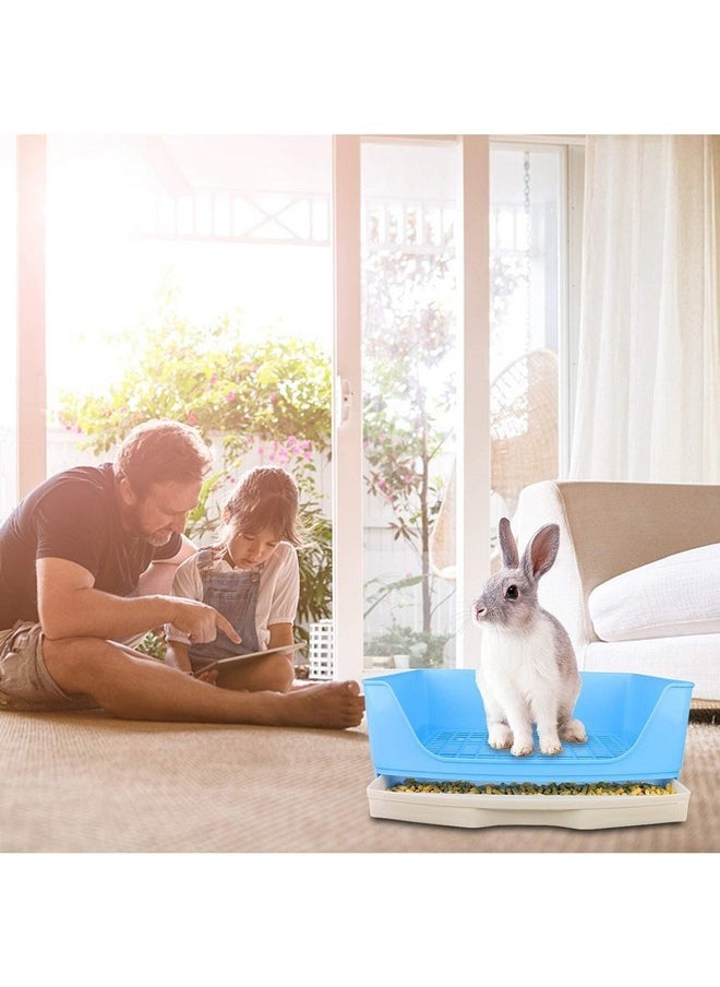 Large Rabbit Litter Box Bunny Litter Box Cage Bigger Corner Toilet Box Pet Pan with Drawer for Guinea Pig, Adult Hamster, Galesaur, Ferret, Bunny, Small Animals-Blue