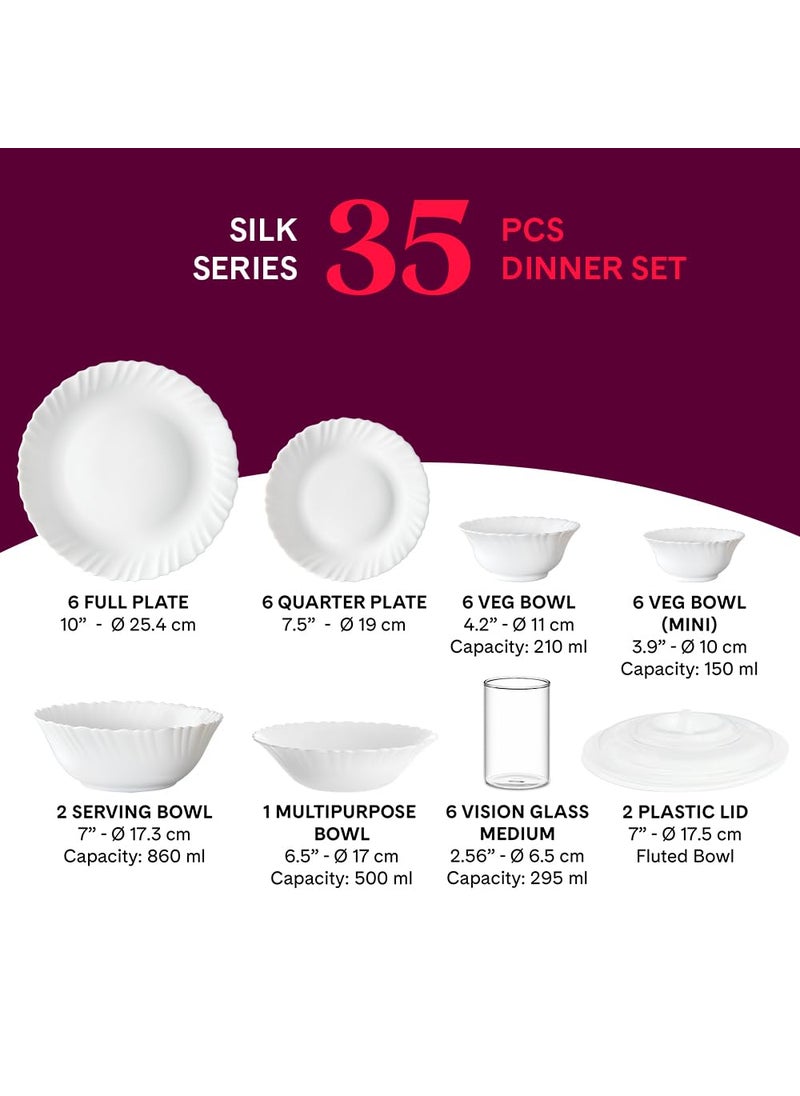 Larah by Borosil Silk Series Stardust Opalware Dinner Set with Vision Glass | 35pcs for Family of 6 | Microwave & Dishwasher Safe | Bone-Ash Free | Crockery for Dining & Gifting | White, Plate & Bowl