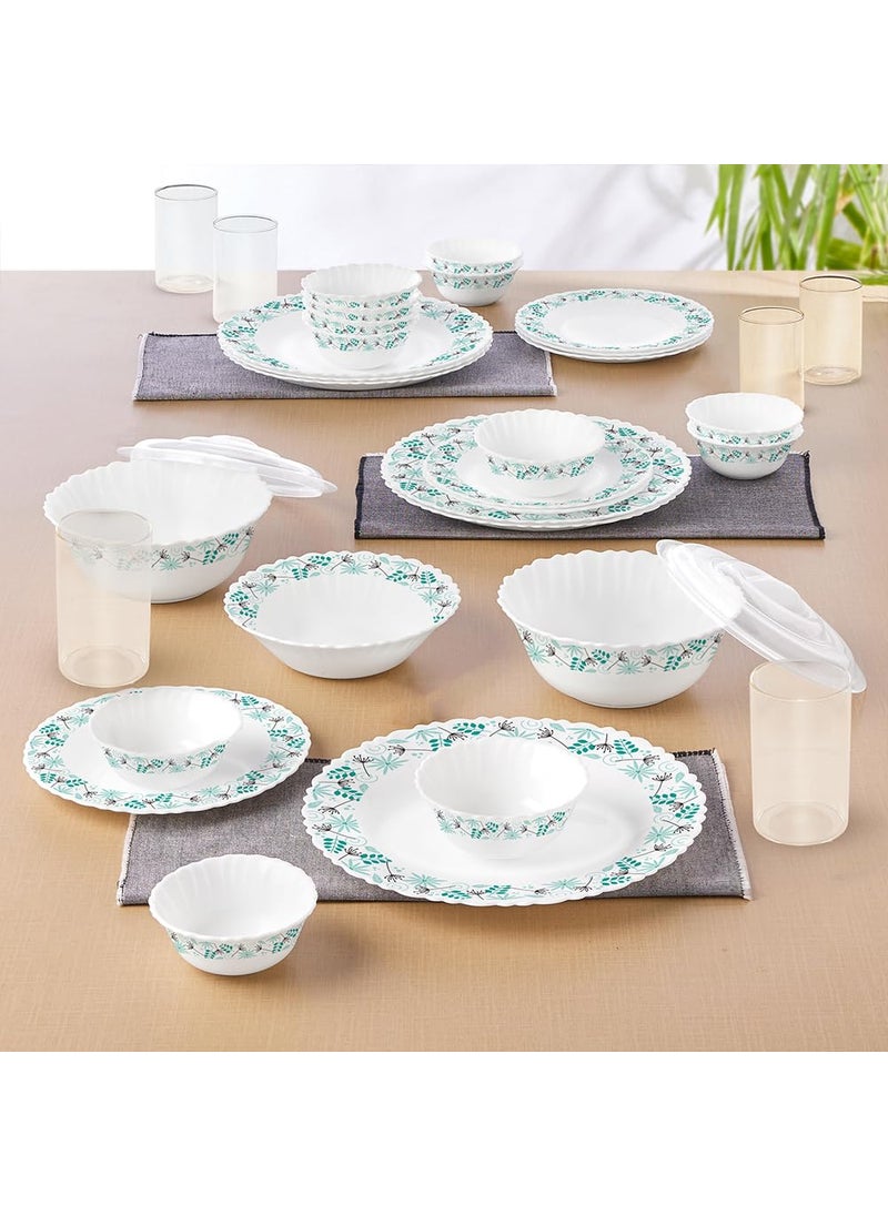 Larah by Borosil Silk Series Stardust Opalware Dinner Set with Vision Glass | 35pcs for Family of 6 | Microwave & Dishwasher Safe | Bone-Ash Free | Crockery for Dining & Gifting | White, Plate & Bowl