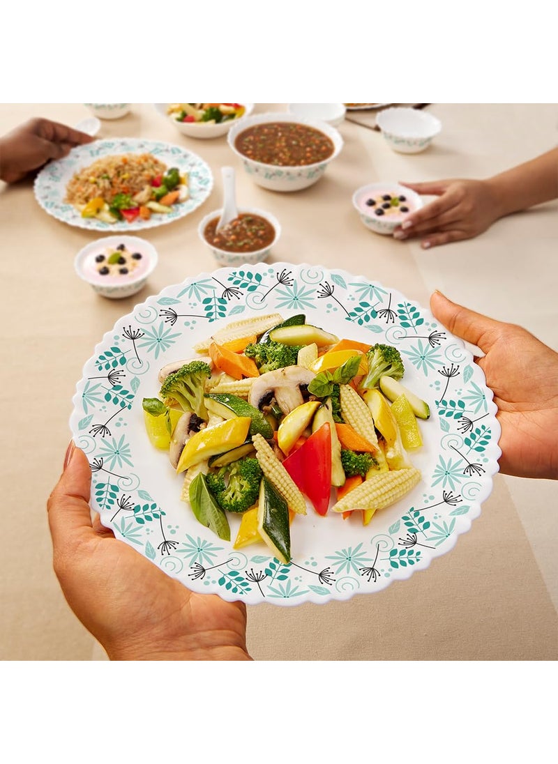 Larah by Borosil Silk Series Stardust Opalware Dinner Set with Vision Glass | 35pcs for Family of 6 | Microwave & Dishwasher Safe | Bone-Ash Free | Crockery for Dining & Gifting | White, Plate & Bowl