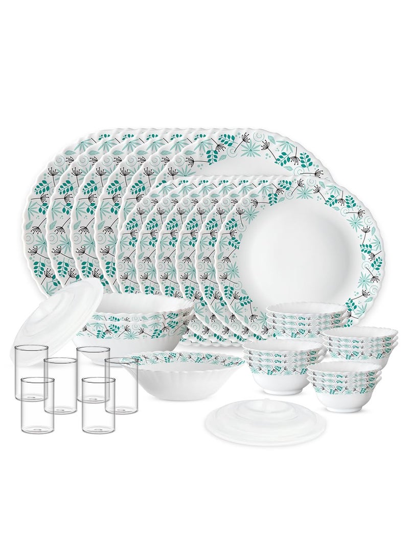Larah by Borosil Silk Series Stardust Opalware Dinner Set with Vision Glass | 35pcs for Family of 6 | Microwave & Dishwasher Safe | Bone-Ash Free | Crockery for Dining & Gifting | White, Plate & Bowl