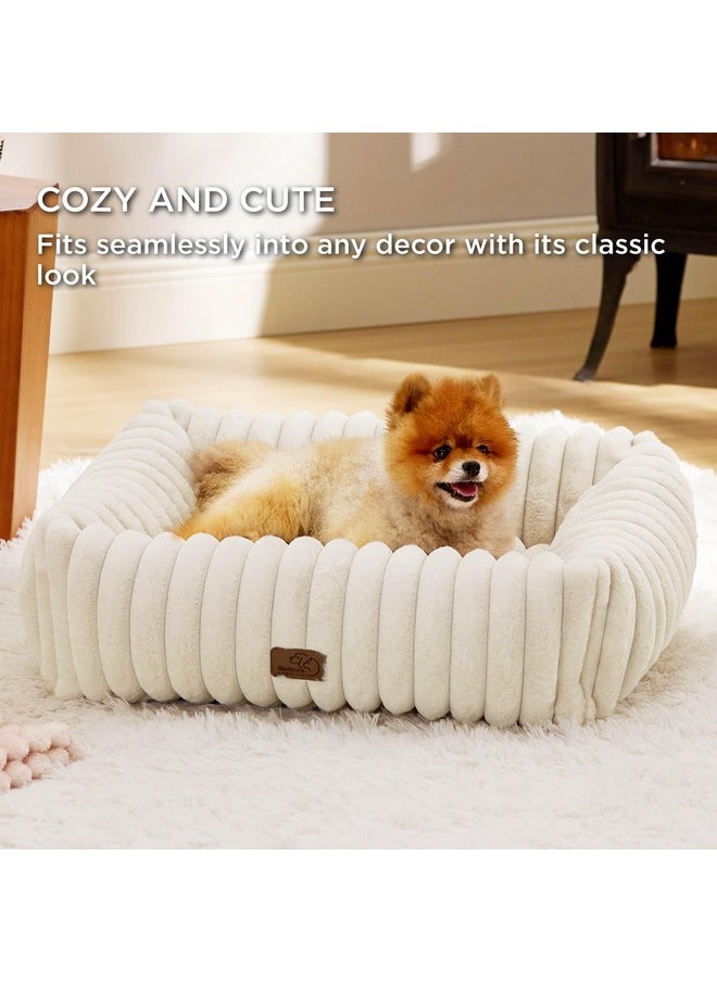 Bedsure Cute Dog Bed for Small Medium Dogs - Washable Furry Puppy Beds, Rectangle Orthopedic Corduroy Fleece Pet Beds with Removable Zipper Cover, 25x21x7inches, Cream