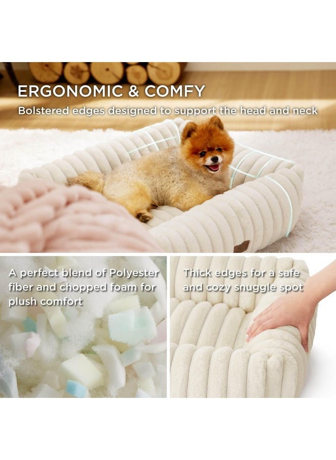 Bedsure Cute Dog Bed for Small Medium Dogs - Washable Furry Puppy Beds, Rectangle Orthopedic Corduroy Fleece Pet Beds with Removable Zipper Cover, 25x21x7inches, Cream