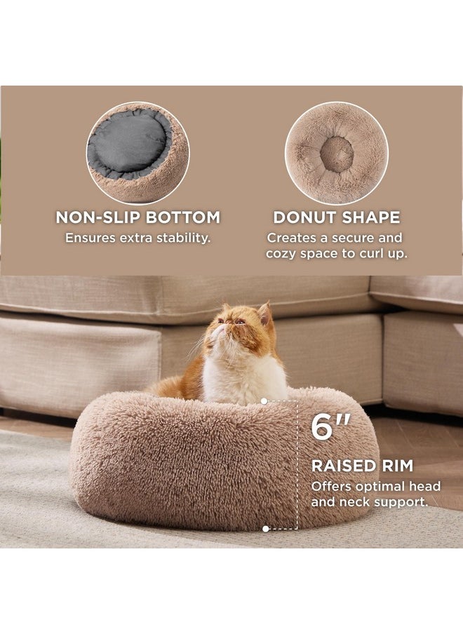 Bedsure Calming Cat Beds for Indoor Cats - Small Cat Bed Washable 20 inches, Anti-Slip Round Fluffy Plush Faux Fur Pet Bed, Fits up to 15 lbs Pets, Camel