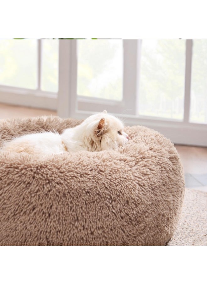 Bedsure Calming Cat Beds for Indoor Cats - Small Cat Bed Washable 20 inches, Anti-Slip Round Fluffy Plush Faux Fur Pet Bed, Fits up to 15 lbs Pets, Camel