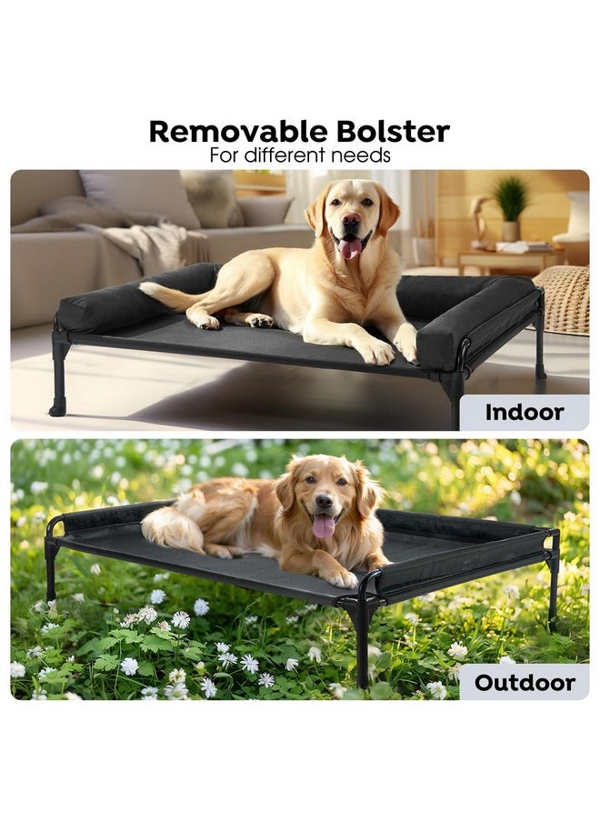 Veehoo Elevated Raised Dog Bed-Cooling Outdoor Dog Cot Bed for Large Sized Dogs Three-Sided Fence Raised Pet Cot with Mesh & No-Slip Feet Dog Hammock Bed with Removable Bolster-35 x 22
