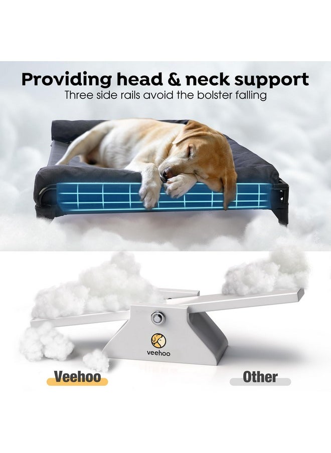 Veehoo Elevated Raised Dog Bed-Cooling Outdoor Dog Cot Bed for Large Sized Dogs Three-Sided Fence Raised Pet Cot with Mesh & No-Slip Feet Dog Hammock Bed with Removable Bolster-35 x 22