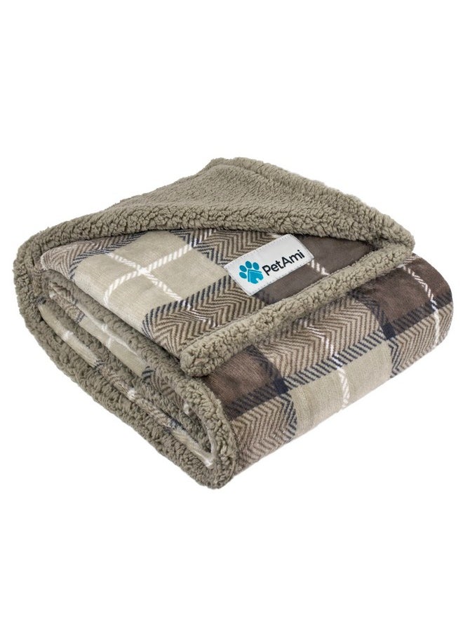 PetAmi Dog Blanket for Medium Large Dogs, Pet Bed Blanket Cat Puppy Kitten, Fleece Furniture Couch Cover Protector Sofa Car, Soft Sherpa Dog Throw Plush Reversible Washable, 40x60 Plaid Taupe