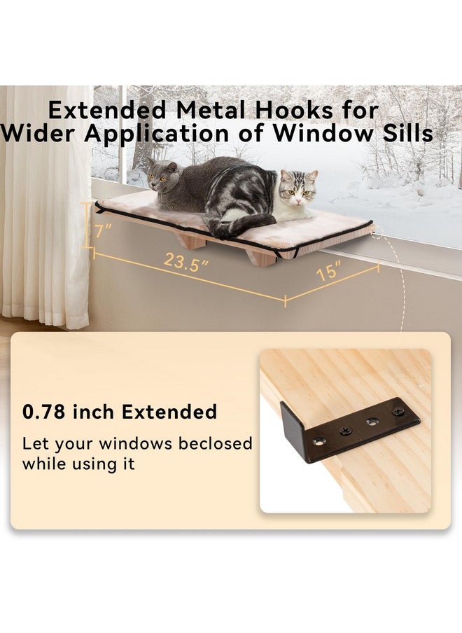 PETSFIT 2 Cats Design Cat Window Perch, Cat Hammock Window Seat with Natural Wood &Removable Fleece Mat for Large Cats, Easy to Adjust&Assemble Cat Bed for Windowsill, Bedside and Drawer