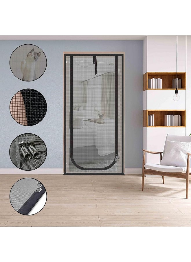 QWR Reinforced Cat Screen Door,Fits Door Size 32''x 80'',Thickened Cat Resistant Mesh Screen Door for Living Room,Kitchen,Bedroom,Cat Proof Screen with Zipper Closure(U-Type,Black)