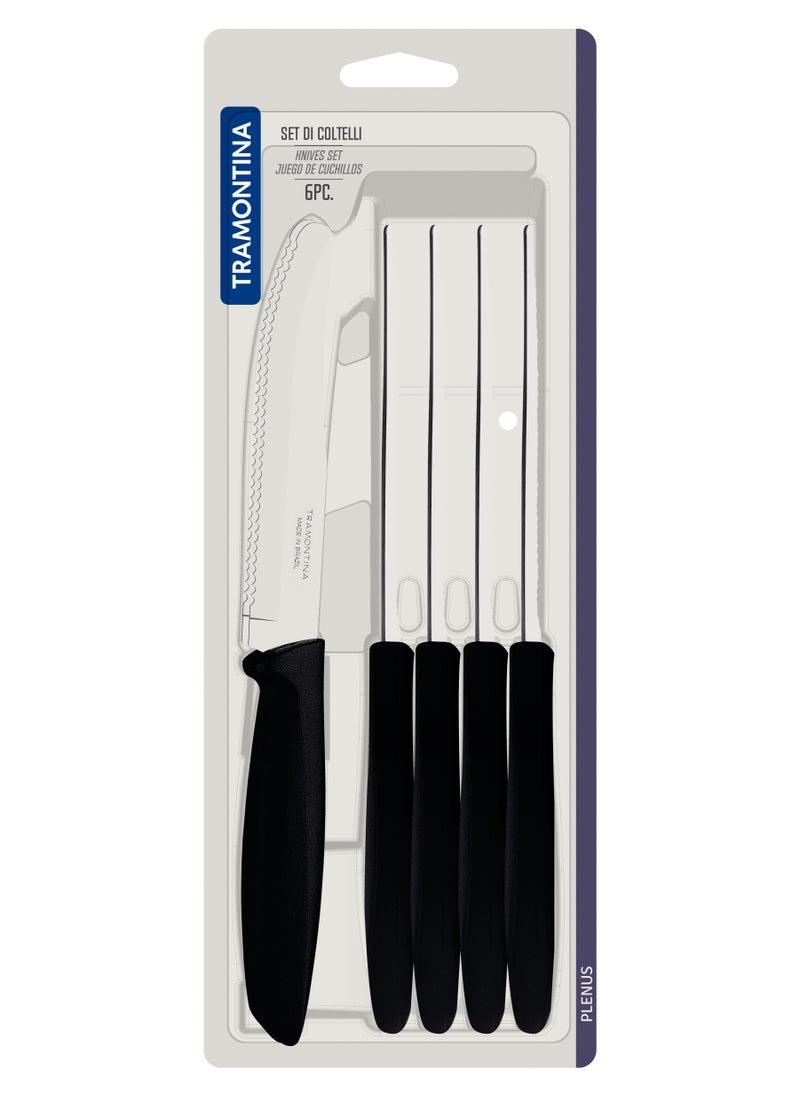 Since 1911,Made in Brazil- Plenus 6 Pieces Fruit Knife Set with Stainless Steel Blades and Black Polypropylene Handles