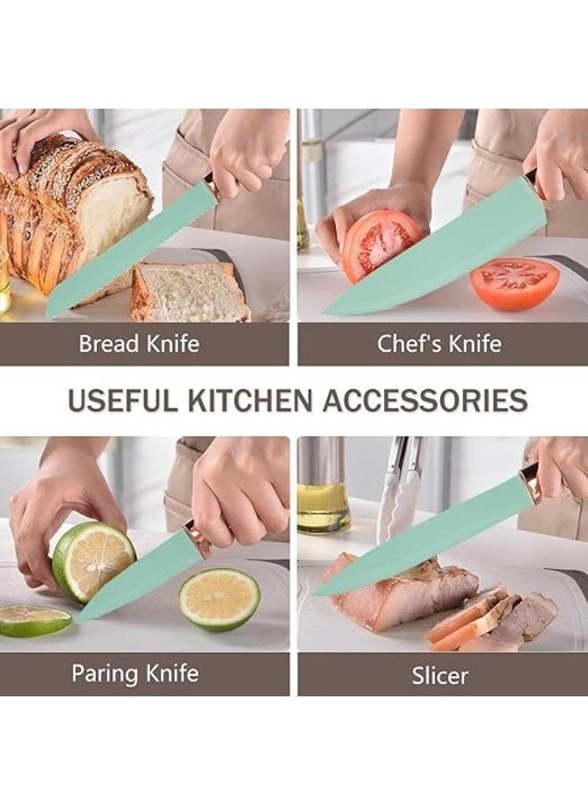 Cooking Utensils Set,19 Kitchen Set Utensils Set with 11 Pieces Spatula Cooking Utensils,Heat Resistant Silicone Utensils 6 Piece Sharp Knife Set 2 Pieces Utensil Cutting Board (Green 19 PCS Set)