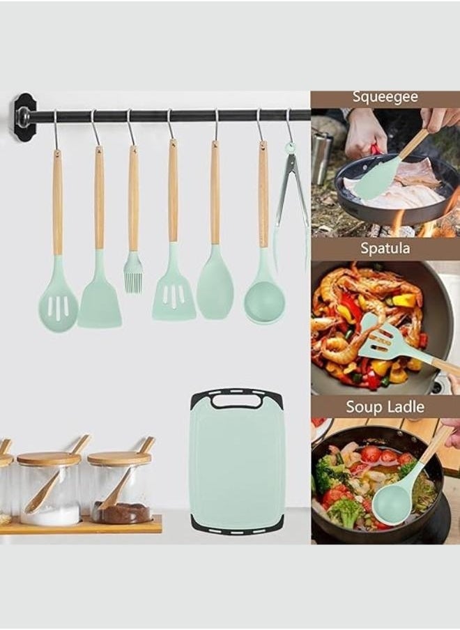 Cooking Utensils Set,19 Kitchen Set Utensils Set with 11 Pieces Spatula Cooking Utensils,Heat Resistant Silicone Utensils 6 Piece Sharp Knife Set 2 Pieces Utensil Cutting Board (Green 19 PCS Set)