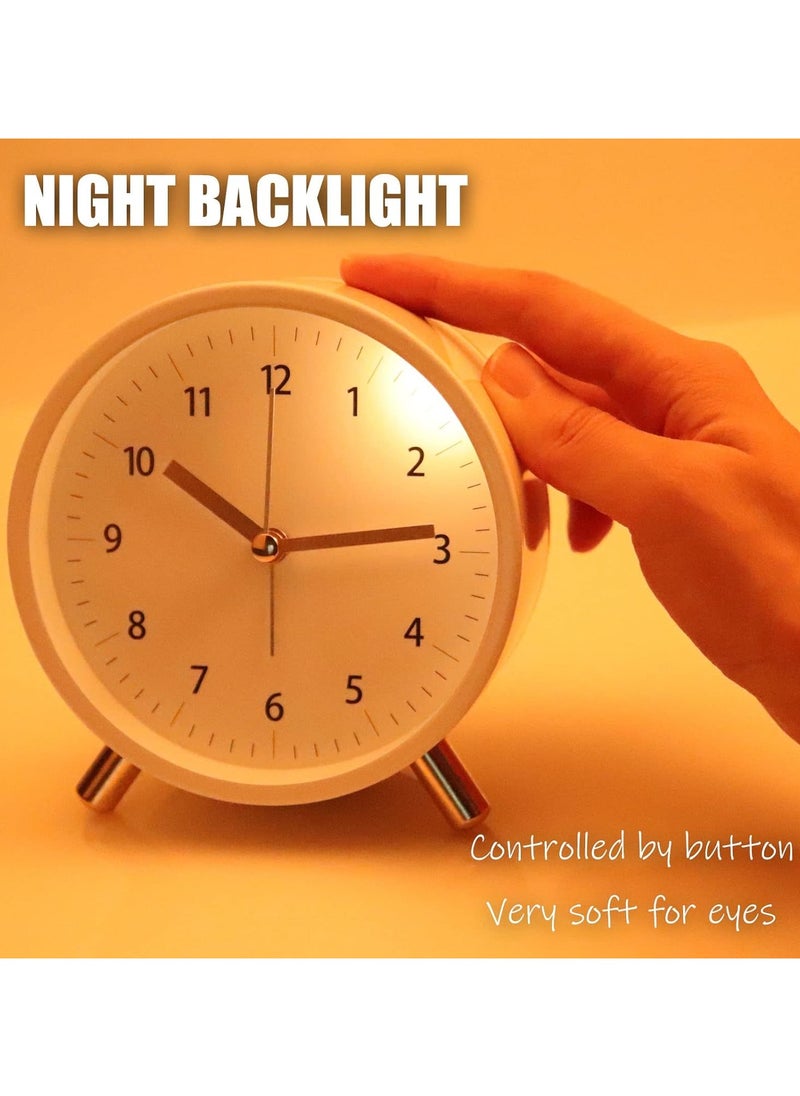 Alarm Clock 4.5 Bedside Battery Operated Round Analog Clocks with Backlight for Bedroom, White