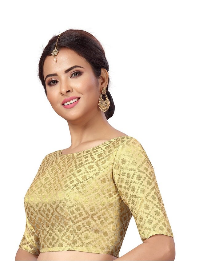 Studio Shringaar Women's Readymade Brocade Elbow Length Sleeves Saree Blouse (Light Gold, 34)