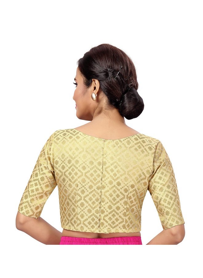 Studio Shringaar Women's Readymade Brocade Elbow Length Sleeves Saree Blouse (Light Gold, 34)