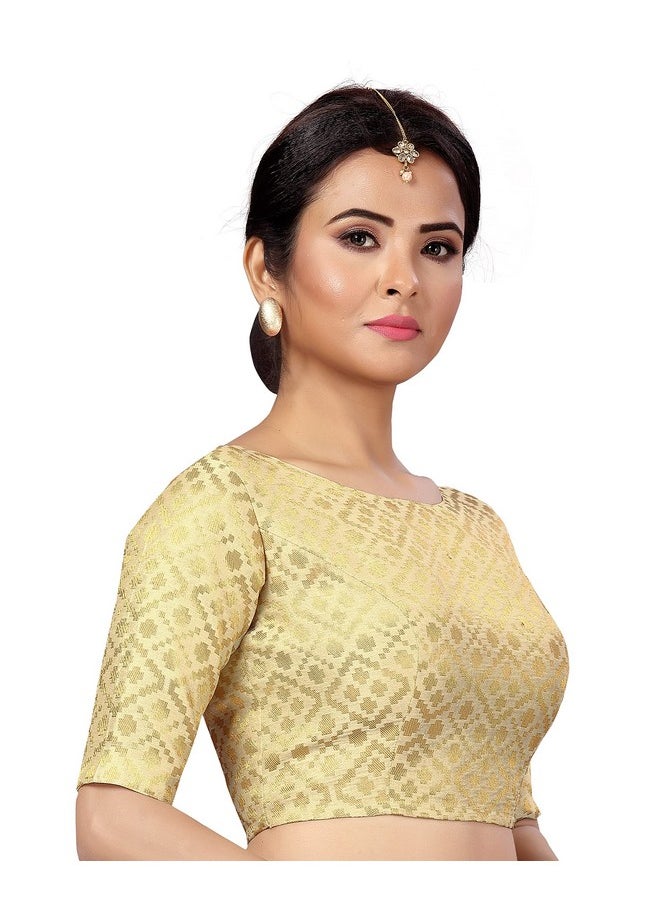 Studio Shringaar Women's Readymade Brocade Elbow Length Sleeves Saree Blouse (Light Gold, 34)